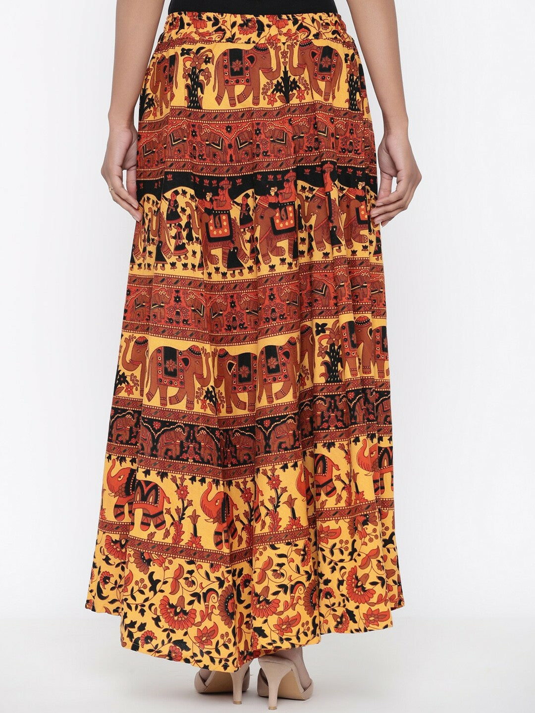 Yellow Bohemian Printed Maxi Skirt for Women | Pure Cotton with Flared Hem and Drawstring Waist