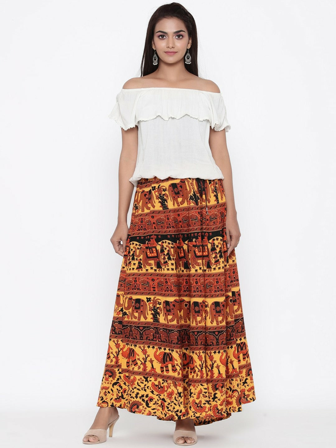 Yellow Bohemian Printed Maxi Skirt for Women | Pure Cotton with Flared Hem and Drawstring Waist