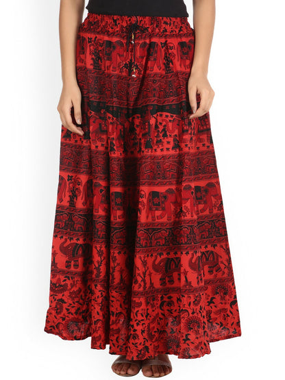 Red & Black Printed Boho Flared Maxi Skirt for Women | Vintage Bohemian Cotton Skirt