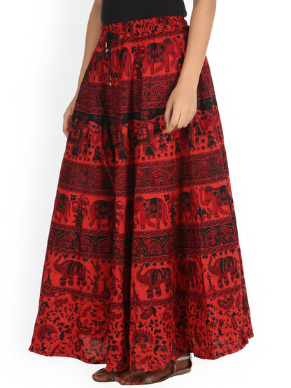 Red & Black Printed Boho Flared Maxi Skirt for Women | Vintage Bohemian Cotton Skirt