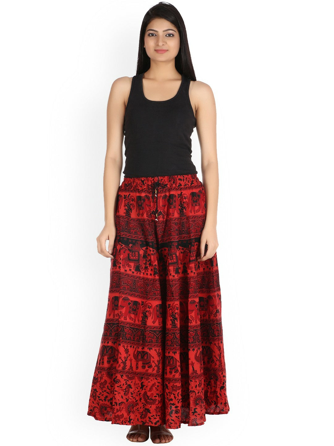 Red & Black Printed Boho Flared Maxi Skirt for Women | Vintage Bohemian Cotton Skirt