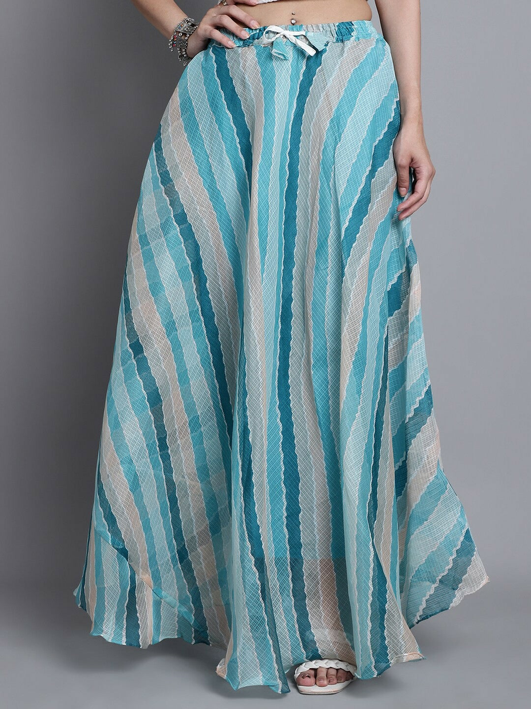 Blue Striped Bohemian Cotton Maxi Skirt for Women | Flared Vintage Boho Style with Drawstring Waist