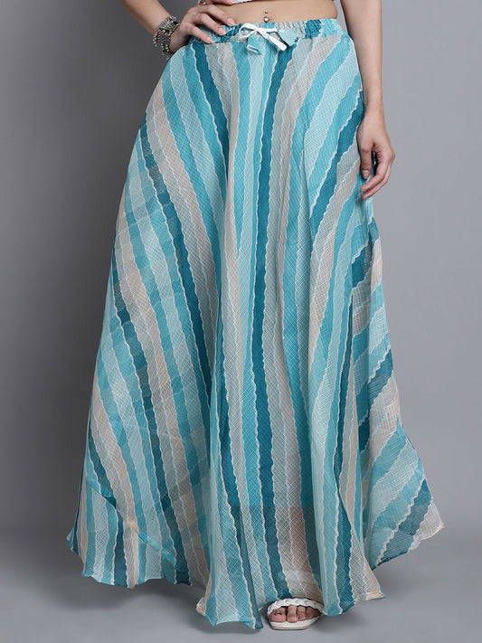 Blue Striped Bohemian Cotton Maxi Skirt for Women | Flared Vintage Boho Style with Drawstring Waist