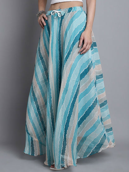 Blue Striped Bohemian Cotton Maxi Skirt for Women | Flared Vintage Boho Style with Drawstring Waist