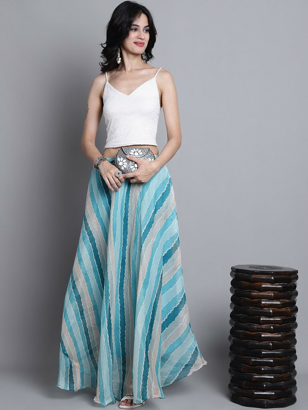 Blue Striped Bohemian Cotton Maxi Skirt for Women | Flared Vintage Boho Style with Drawstring Waist