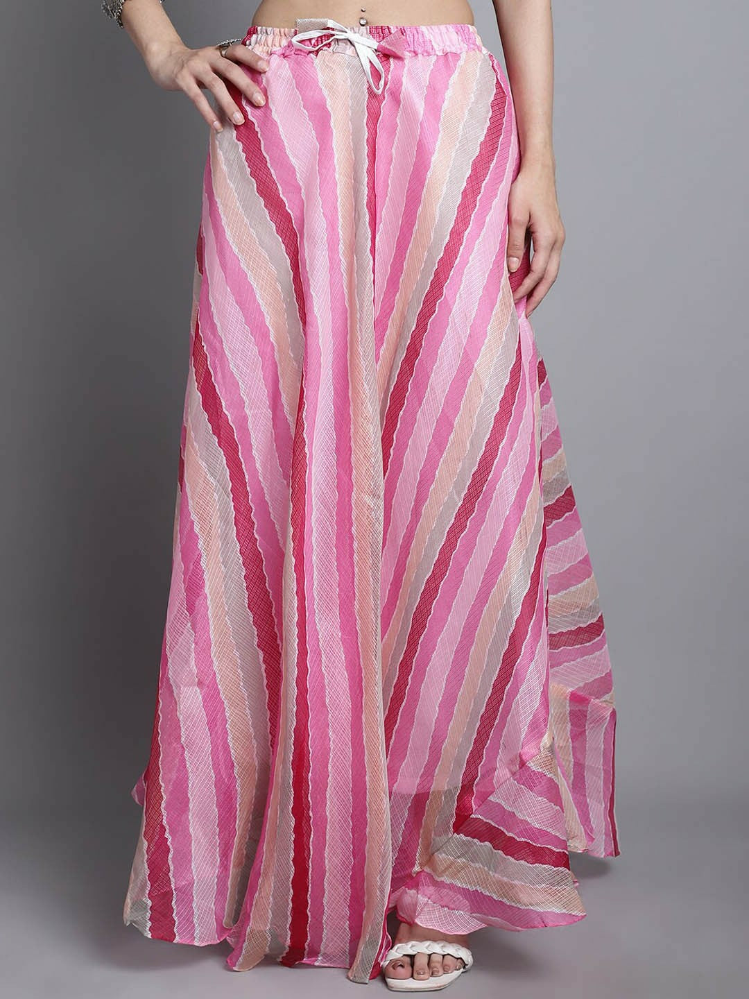 Vintage Bohemian Pink Striped Cotton Flared Maxi Skirt for Women | Elasticated Waistband