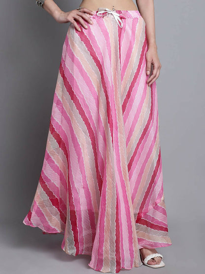 Vintage Bohemian Pink Striped Cotton Flared Maxi Skirt for Women | Elasticated Waistband