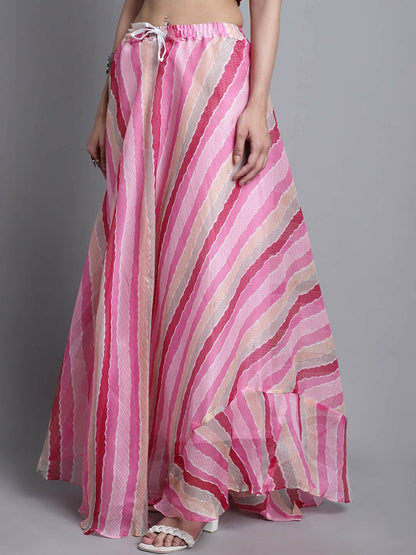 Vintage Bohemian Pink Striped Cotton Flared Maxi Skirt for Women | Elasticated Waistband