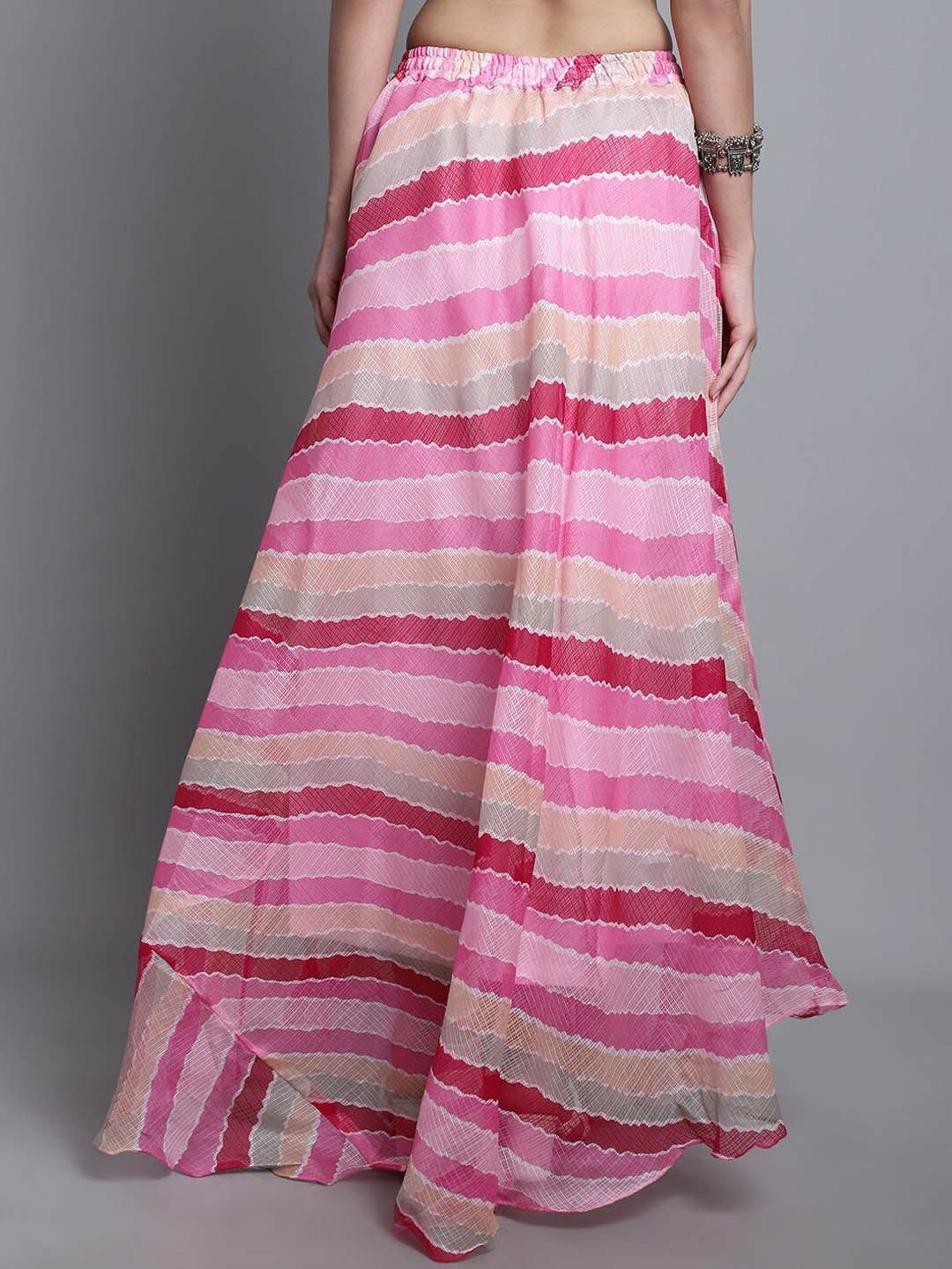 Vintage Bohemian Pink Striped Cotton Flared Maxi Skirt for Women | Elasticated Waistband