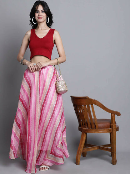 Vintage Bohemian Pink Striped Cotton Flared Maxi Skirt for Women | Elasticated Waistband