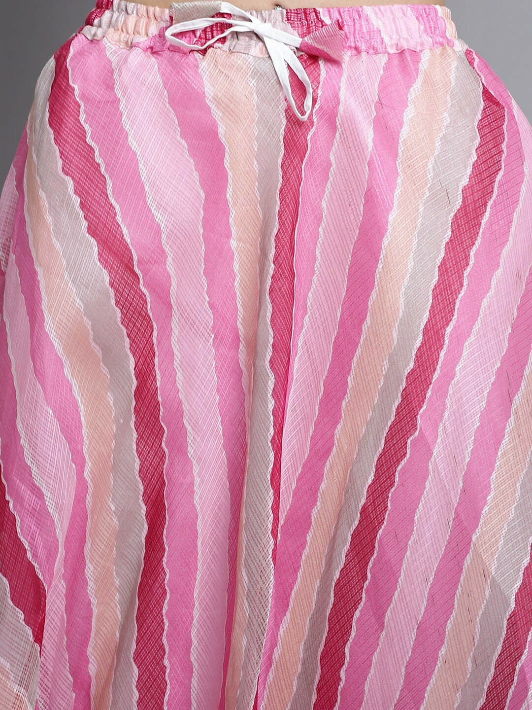 Vintage Bohemian Pink Striped Cotton Flared Maxi Skirt for Women | Elasticated Waistband