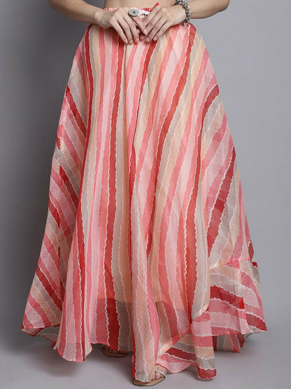 Pink Striped Cotton Flared Maxi Skirt for Women | Bohemian Vintage Style Skirt with Drawstring Waist