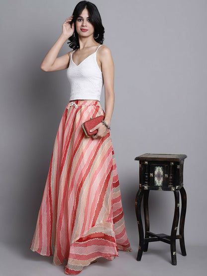 Pink Striped Cotton Flared Maxi Skirt for Women | Bohemian Vintage Style Skirt with Drawstring Waist