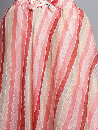 Pink Striped Cotton Flared Maxi Skirt for Women | Bohemian Vintage Style Skirt with Drawstring Waist