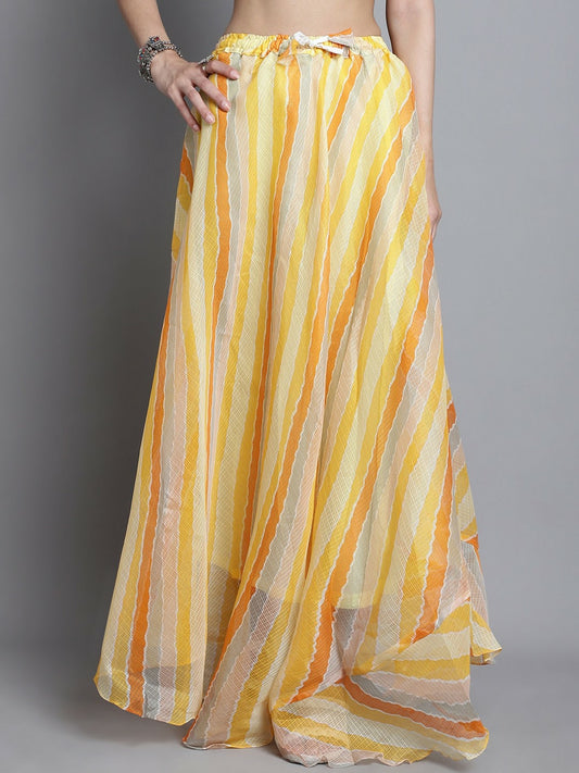 Vintage Bohemian Yellow Striped Cotton Flared Maxi Skirt for Women | Boho Style with Drawstring Waist