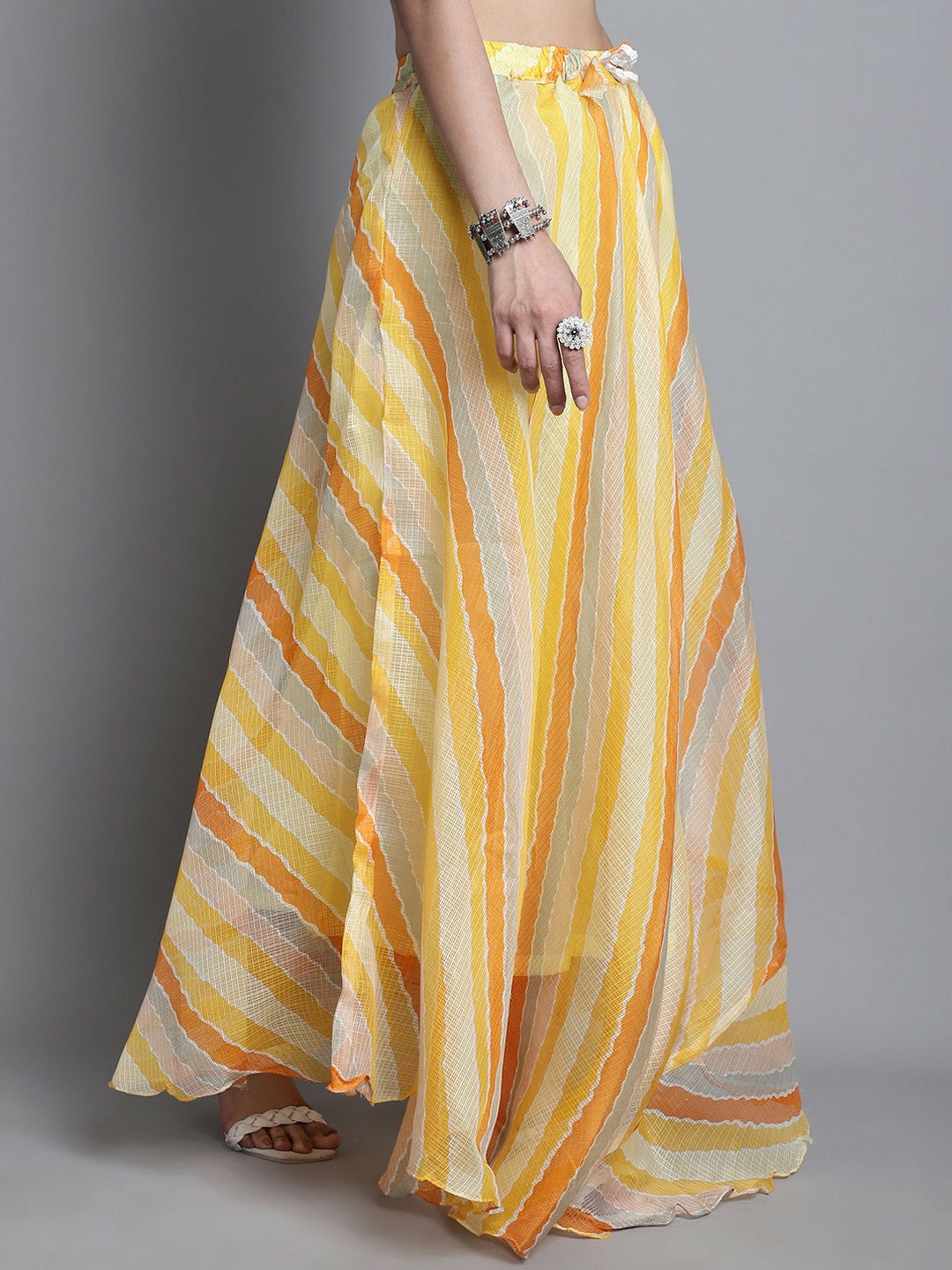 Vintage Bohemian Yellow Striped Cotton Flared Maxi Skirt for Women | Boho Style with Drawstring Waist