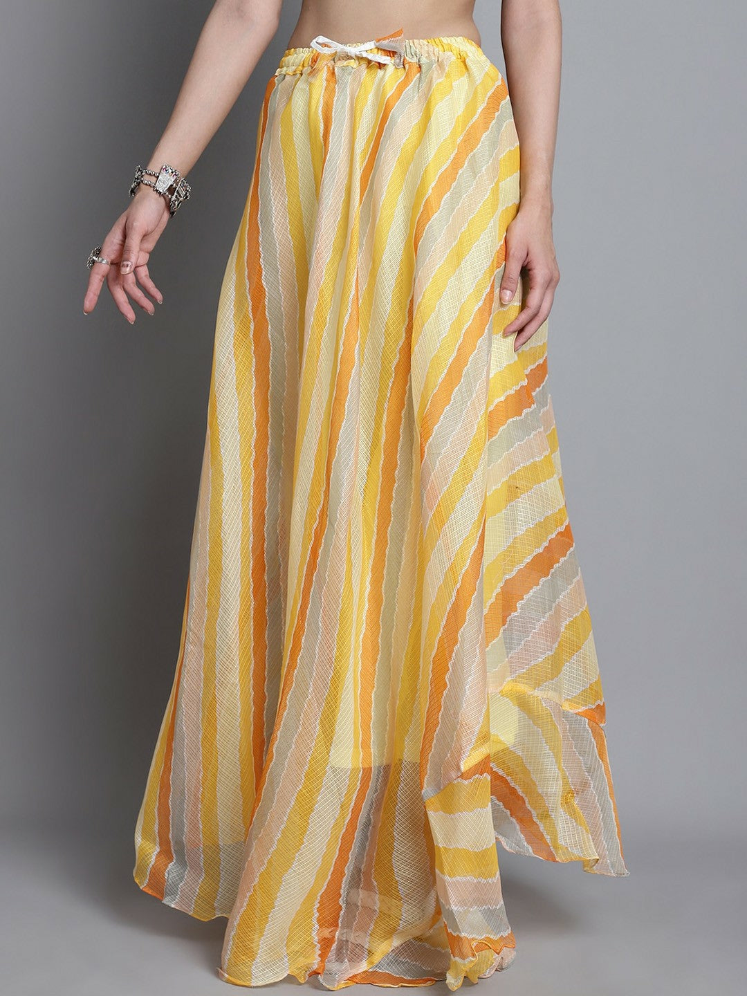 Vintage Bohemian Yellow Striped Cotton Flared Maxi Skirt for Women | Boho Style with Drawstring Waist