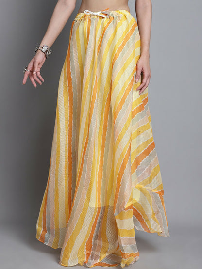 Vintage Bohemian Yellow Striped Cotton Flared Maxi Skirt for Women | Boho Style with Drawstring Waist