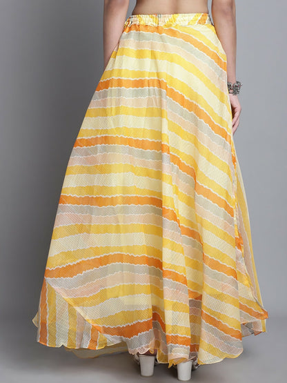 Vintage Bohemian Yellow Striped Cotton Flared Maxi Skirt for Women | Boho Style with Drawstring Waist