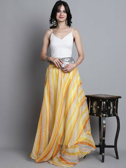 Vintage Bohemian Yellow Striped Cotton Flared Maxi Skirt for Women | Boho Style with Drawstring Waist