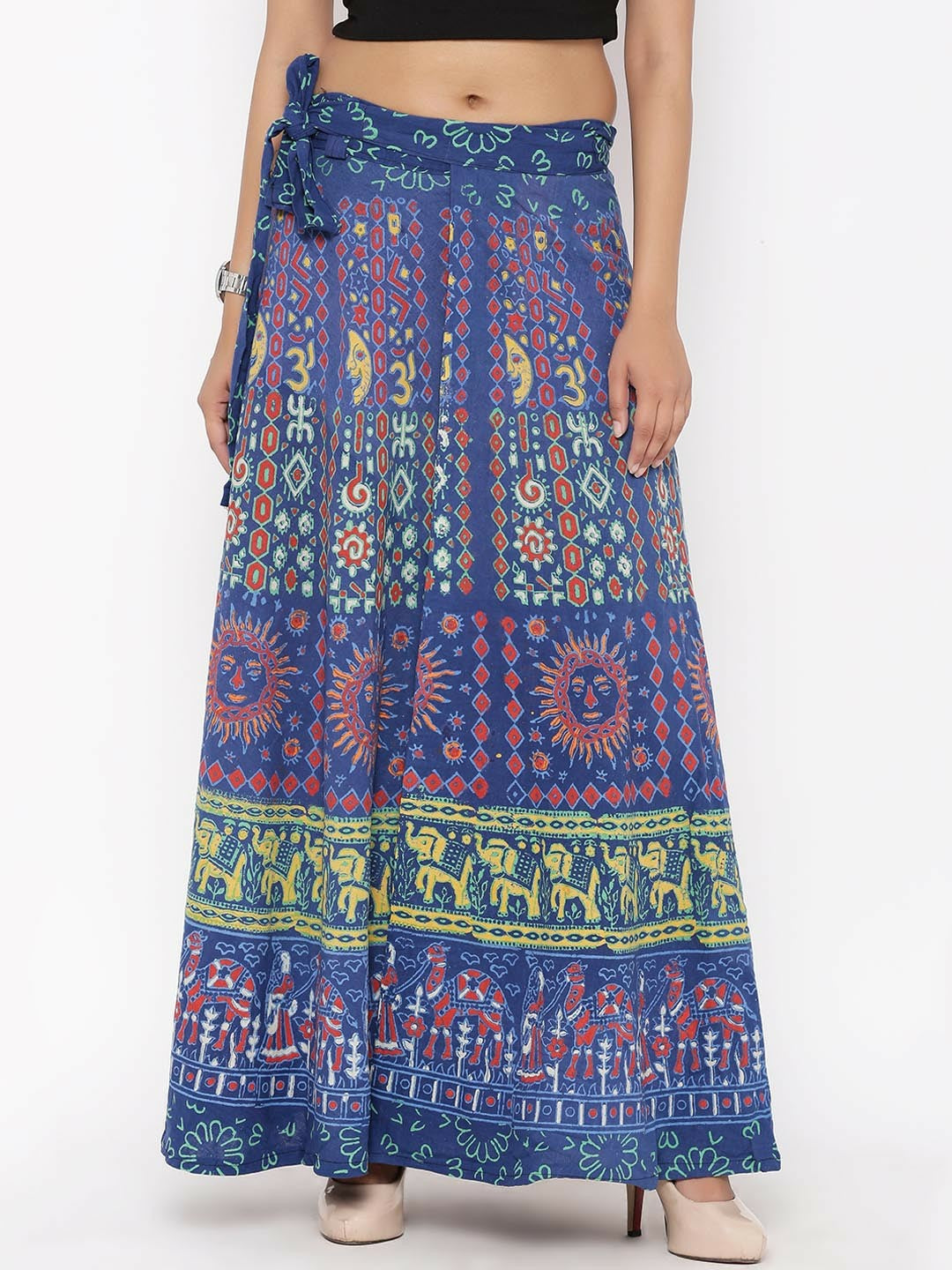 Vintage Bohemian Blue & Yellow Printed Flared Maxi Skirt for Women | Wrap Around Style