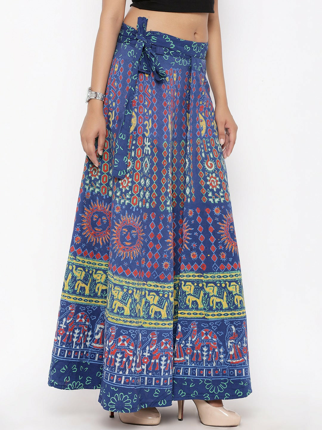 Vintage Bohemian Blue & Yellow Printed Flared Maxi Skirt for Women | Wrap Around Style