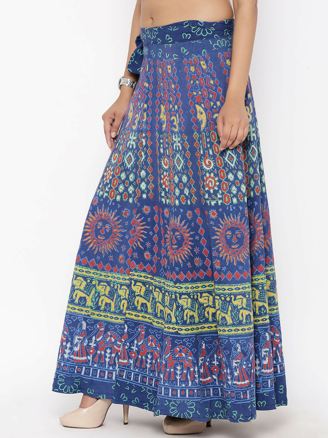 Vintage Bohemian Blue & Yellow Printed Flared Maxi Skirt for Women | Wrap Around Style