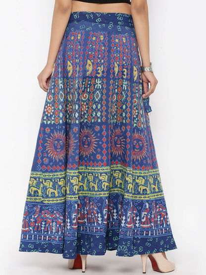 Vintage Bohemian Blue & Yellow Printed Flared Maxi Skirt for Women | Wrap Around Style