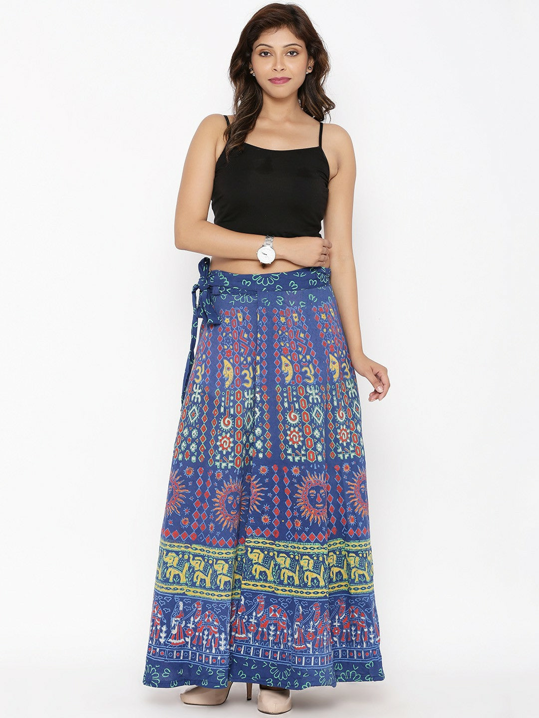 Vintage Bohemian Blue & Yellow Printed Flared Maxi Skirt for Women | Wrap Around Style