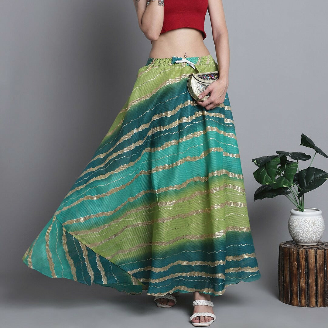 Vintage Bohemian Green Striped Cotton Maxi Skirt | Flared Boho Skirt for Women