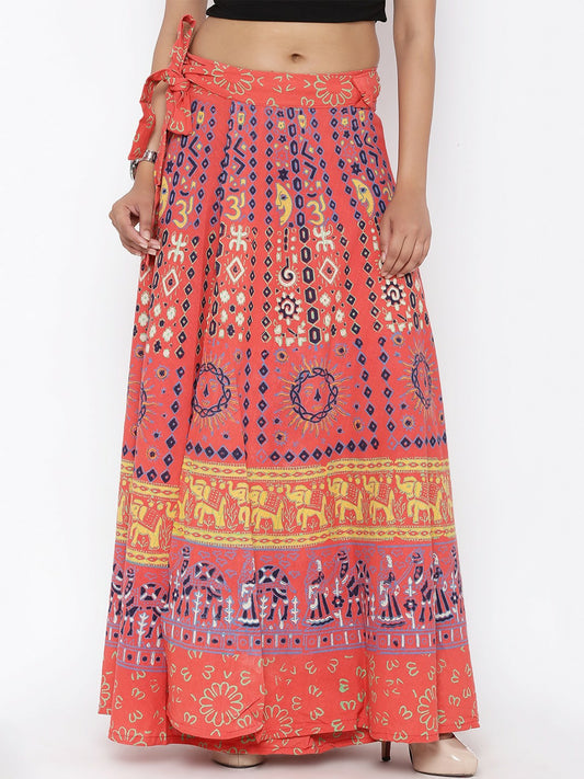 Vintage Bohemian Orange & Blue Printed Wrap Around Maxi Skirt for Women | Flared Boho Skirt