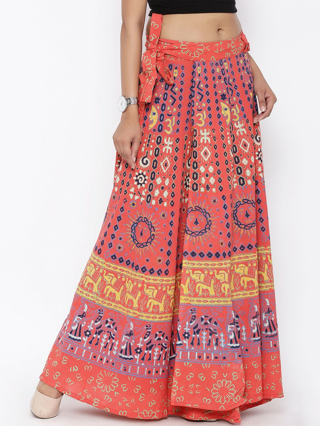 Vintage Bohemian Orange & Blue Printed Wrap Around Maxi Skirt for Women | Flared Boho Skirt