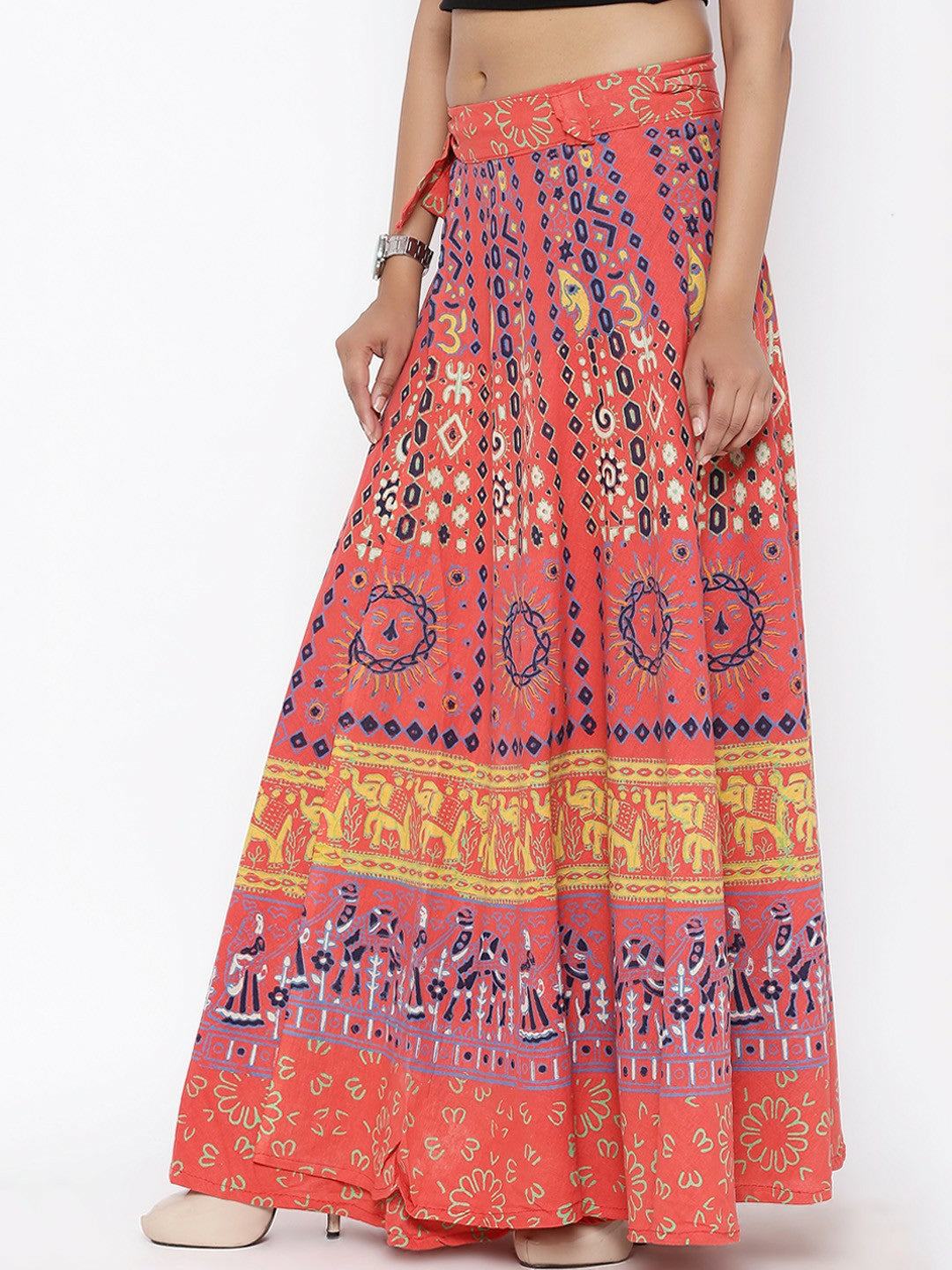 Vintage Bohemian Orange & Blue Printed Wrap Around Maxi Skirt for Women | Flared Boho Skirt