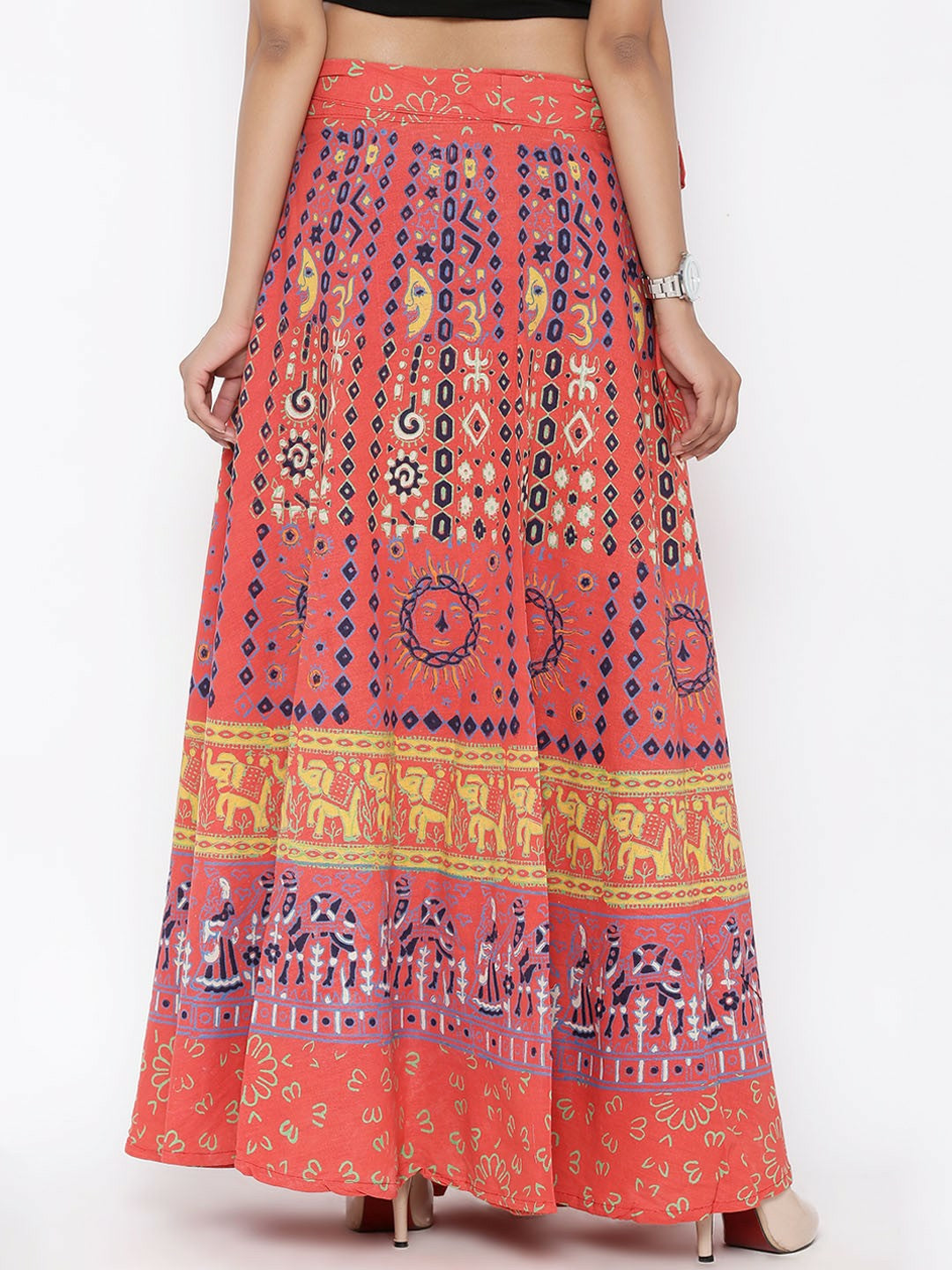 Vintage Bohemian Orange & Blue Printed Wrap Around Maxi Skirt for Women | Flared Boho Skirt