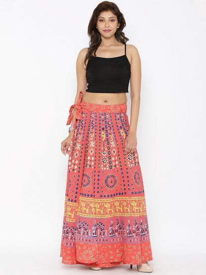 Vintage Bohemian Orange & Blue Printed Wrap Around Maxi Skirt for Women | Flared Boho Skirt