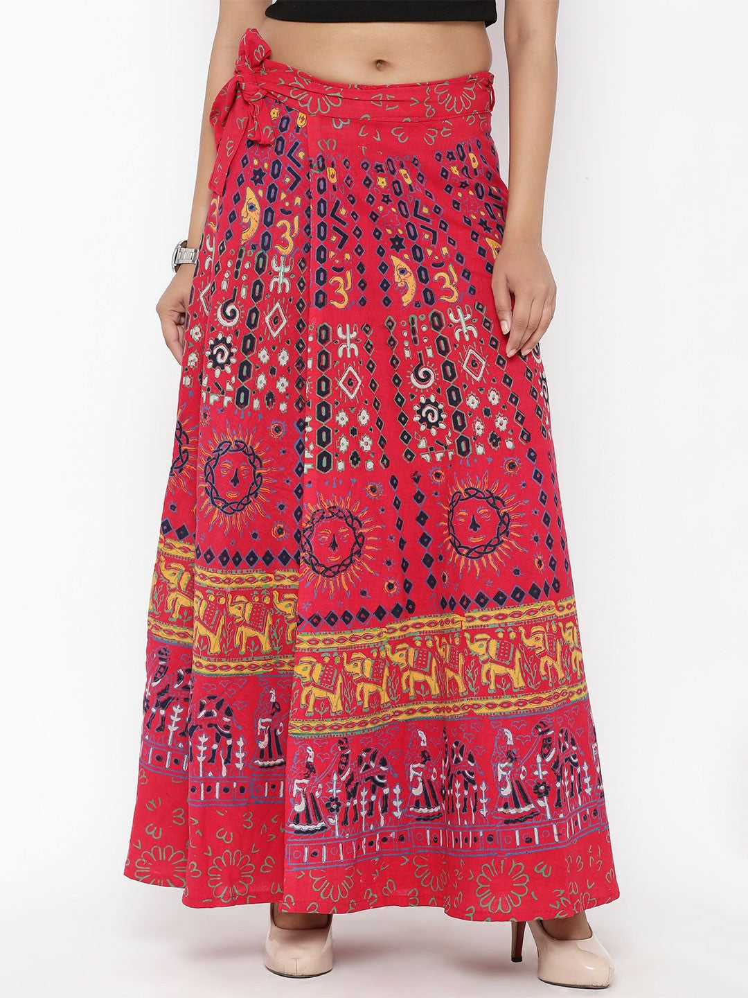 Red Printed Wrap-Around Bohemian Maxi Skirt for Women | Vintage Boho Style with Tie-Up Waistband