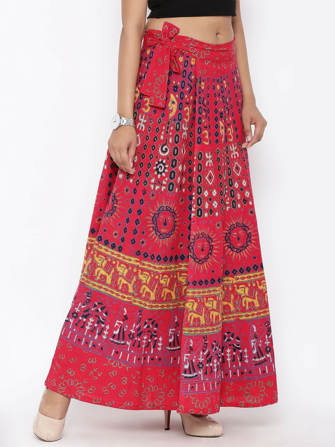 Red Printed Wrap-Around Bohemian Maxi Skirt for Women | Vintage Boho Style with Tie-Up Waistband