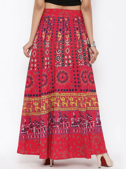 Red Printed Wrap-Around Bohemian Maxi Skirt for Women | Vintage Boho Style with Tie-Up Waistband