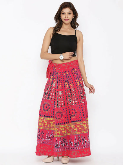 Red Printed Wrap-Around Bohemian Maxi Skirt for Women | Vintage Boho Style with Tie-Up Waistband