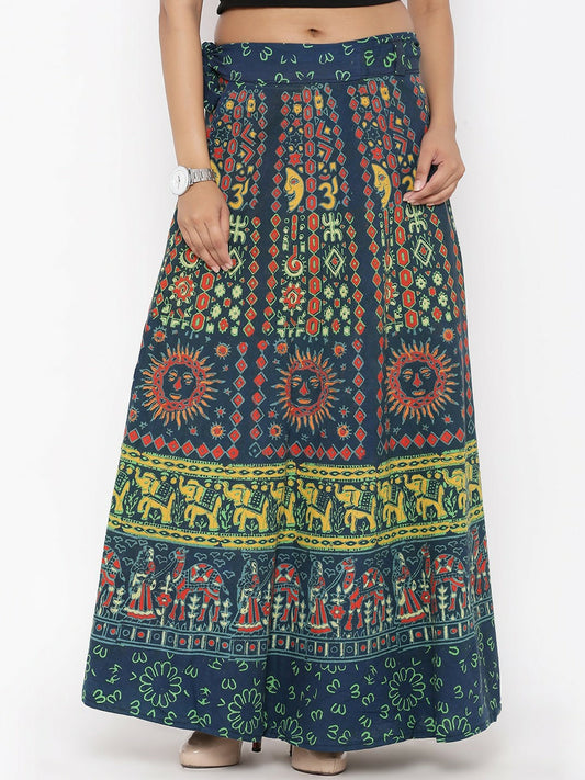 Vintage Bohemian Green Printed Cotton Maxi Skirt for Women | Flared Boho Skirt with Drawstring Waist