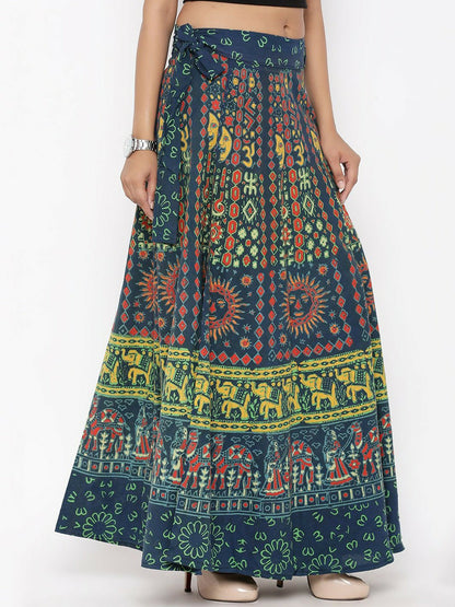 Vintage Bohemian Green Printed Cotton Maxi Skirt for Women | Flared Boho Skirt with Drawstring Waist