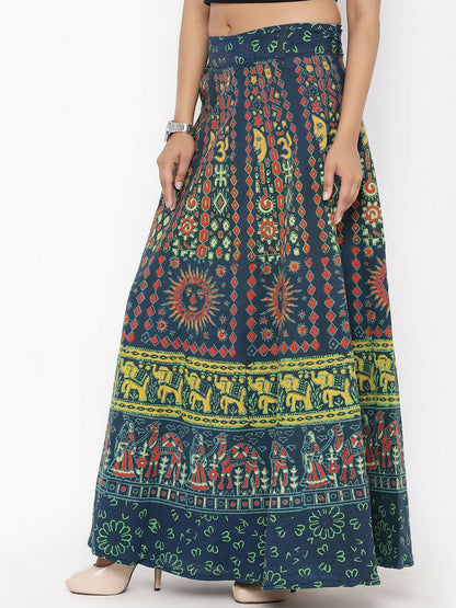 Vintage Bohemian Green Printed Cotton Maxi Skirt for Women | Flared Boho Skirt with Drawstring Waist