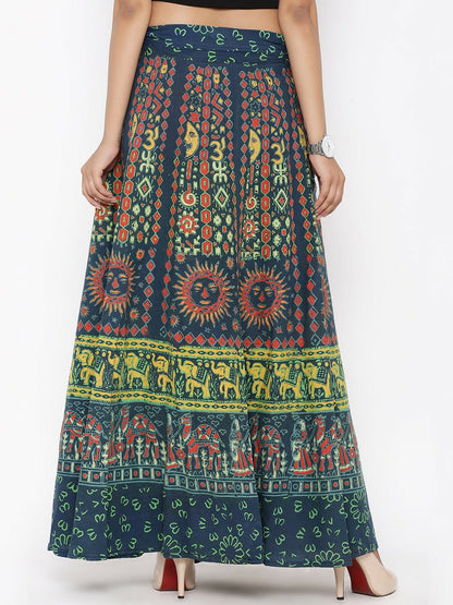 Vintage Bohemian Green Printed Cotton Maxi Skirt for Women | Flared Boho Skirt with Drawstring Waist