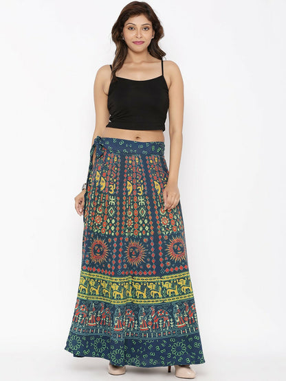 Vintage Bohemian Green Printed Cotton Maxi Skirt for Women | Flared Boho Skirt with Drawstring Waist