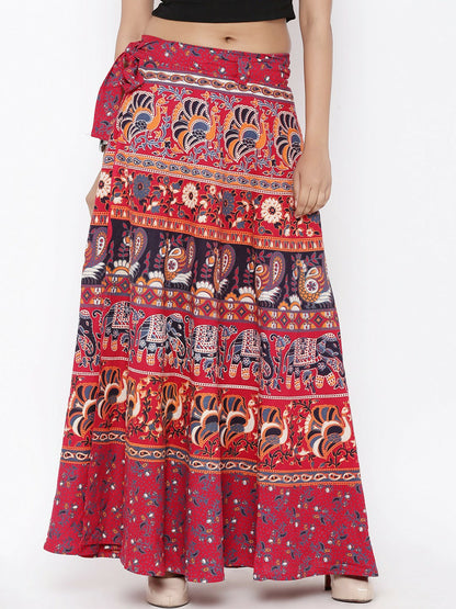 Red Ethnic Print Boho Maxi Skirt for Women | Vintage Wrap-Around Bohemian Style