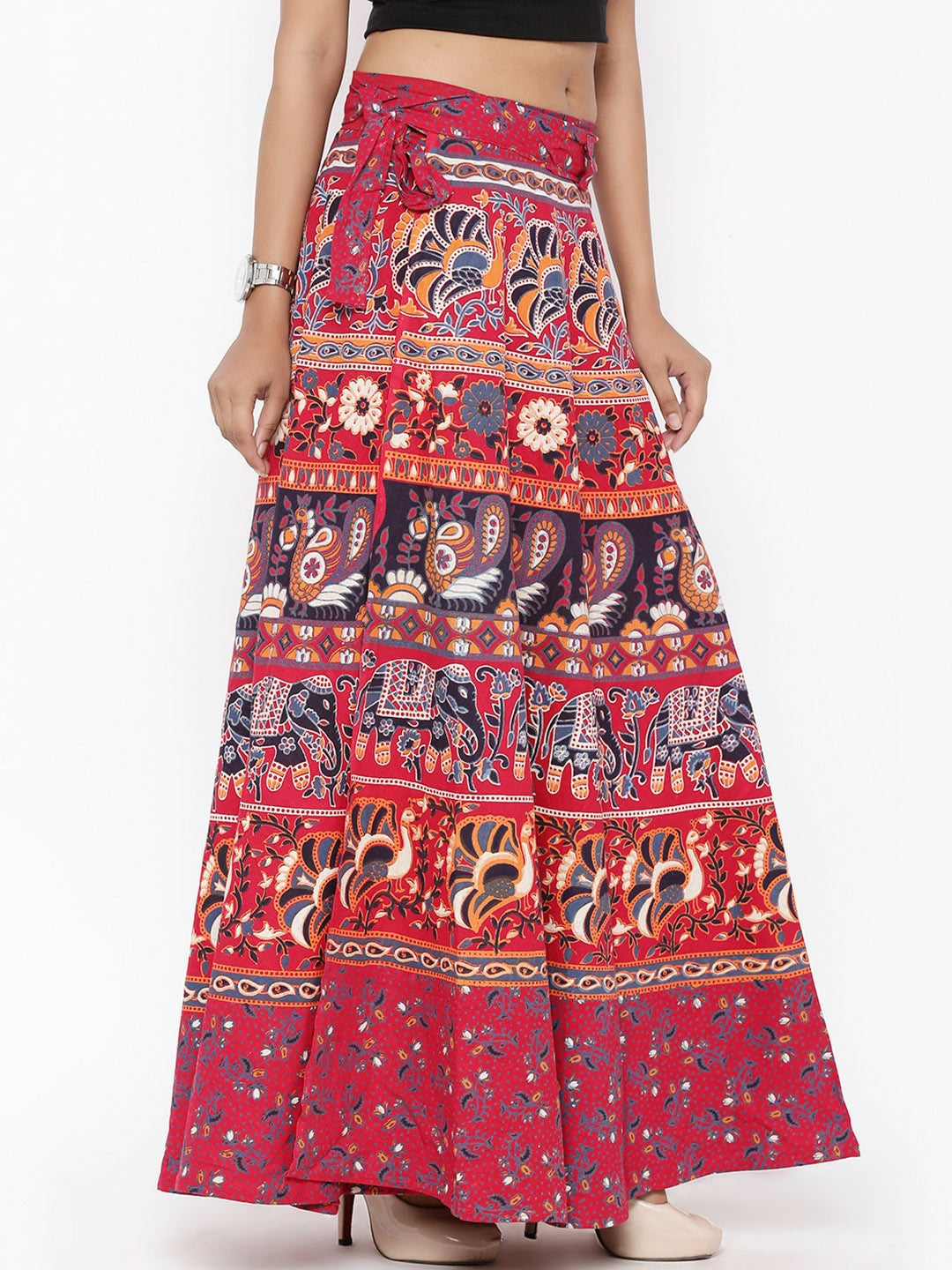 Red Ethnic Print Boho Maxi Skirt for Women | Vintage Wrap-Around Bohemian Style