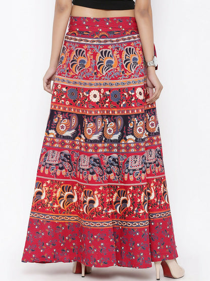 Red Ethnic Print Boho Maxi Skirt for Women | Vintage Wrap-Around Bohemian Style