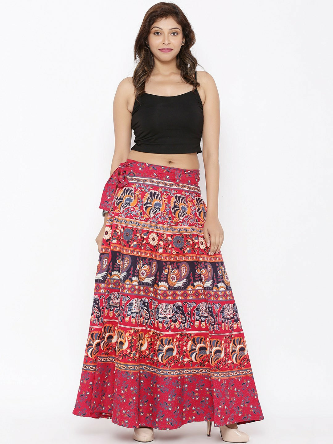 Red Ethnic Print Boho Maxi Skirt for Women | Vintage Wrap-Around Bohemian Style