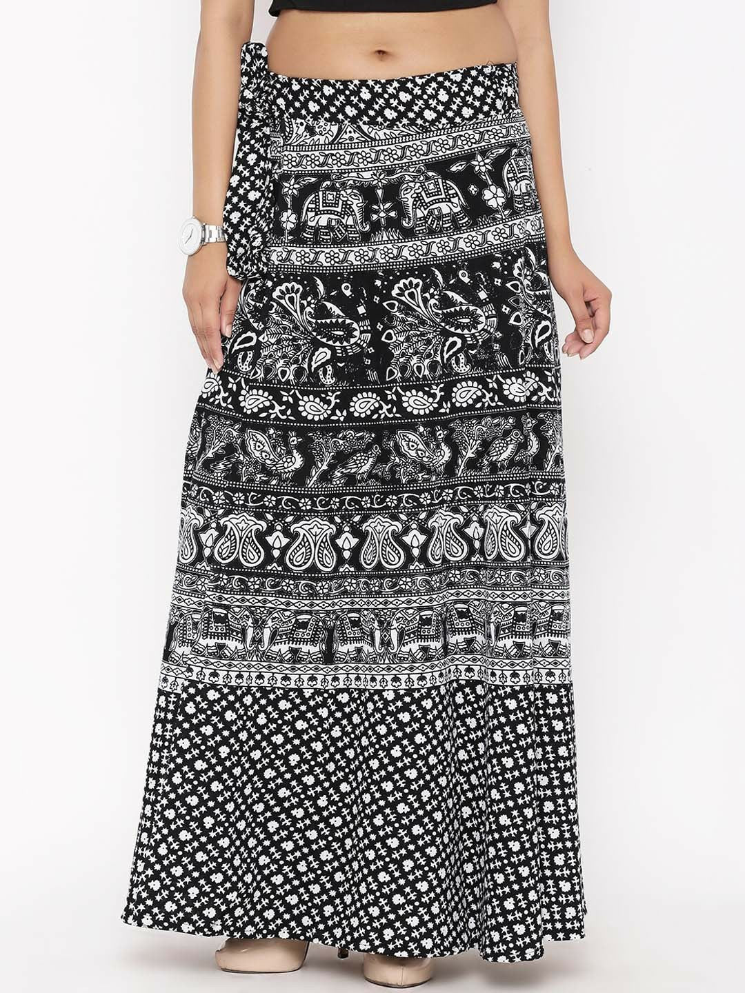 Black & White Floral Printed Cotton Wrap Around Skirt | Vintage Bohemian Maxi Skirt for Women