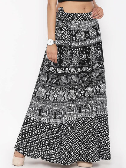 Black & White Floral Printed Cotton Wrap Around Skirt | Vintage Bohemian Maxi Skirt for Women